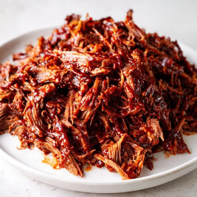 Tender slow cooker BBQ pulled beef glistening in tangy sauce on a rustic cutting board