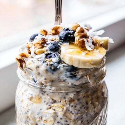 Thick protein overnight oats swirled with honey and topped with crunchy chopped nuts
